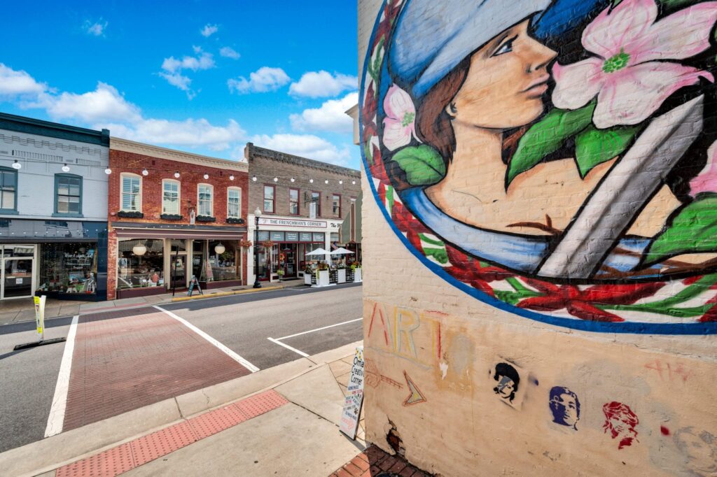 Street scene with a colorful mural depicting a profile adorned with flowers. Nearby, across the road in Culpeper, VA, stand several shops with charming brick facades. The setting is framed under a blue sky with clouds, enhancing the vibrant community ambiance near luxury 2-bedroom apartments. | Spark Living